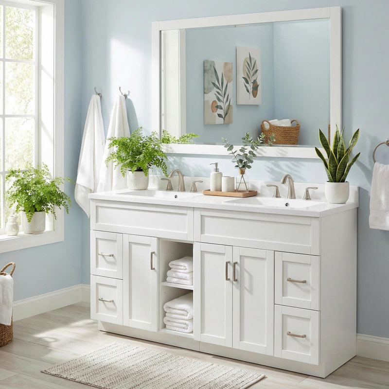 Meuble-lavabo double 60 po avec lavabo Homy Casa, 4 portes, 4 tiroirs, 2 tablettes réglables, conception à fermeture en douceur
