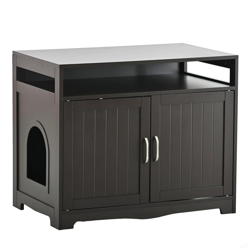 Enceinte de litière, meuble de litière pour chat avec prise dissimulée, 2 portes, table de rangement pour chat, table d'appoint pour chat, grand bac à litière en bois inclus, Esspresso