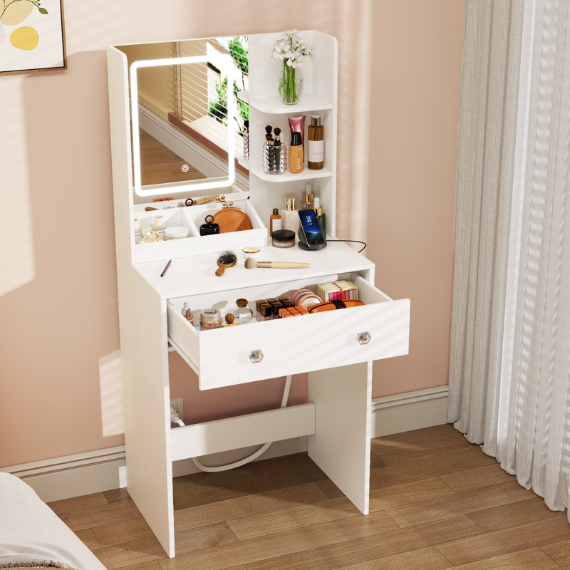 Vanity Desk with Mirror and Lights, Makeup Vanity with Drawers, White