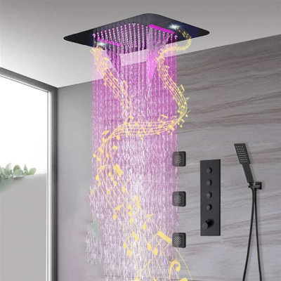 BathSelect Novara 20"x14" Thermostatic Musical LED Matte Black Recessed Ceiling Mount Waterfall Rainfall Shower System with Square Handheld Shower and 3 Body Jets