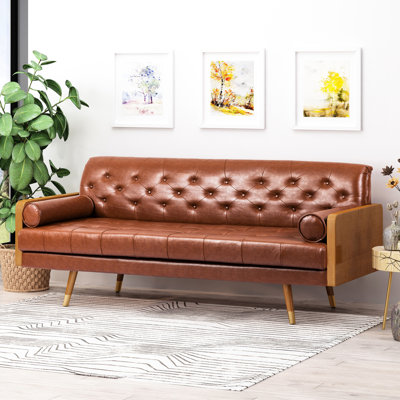 Brown With Mid-Century Modern Flair, 30.5"D X 71.38"W 32.45"H, Pu Fabric, Bolster Pillows, Diamond Stitching In , Accent , Splayed Legs