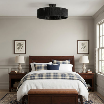 24''-5 Lights Polished Brass Boho/Natural Farmhouse Rattan Drum Dimmabled Semi-Flush Mount For Bedroom/Living room