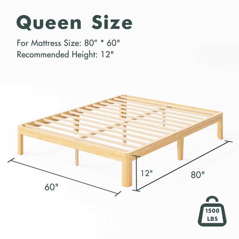 12" High Solid Wood Platform Bed, Easy Assembly, No Squeak, Queen