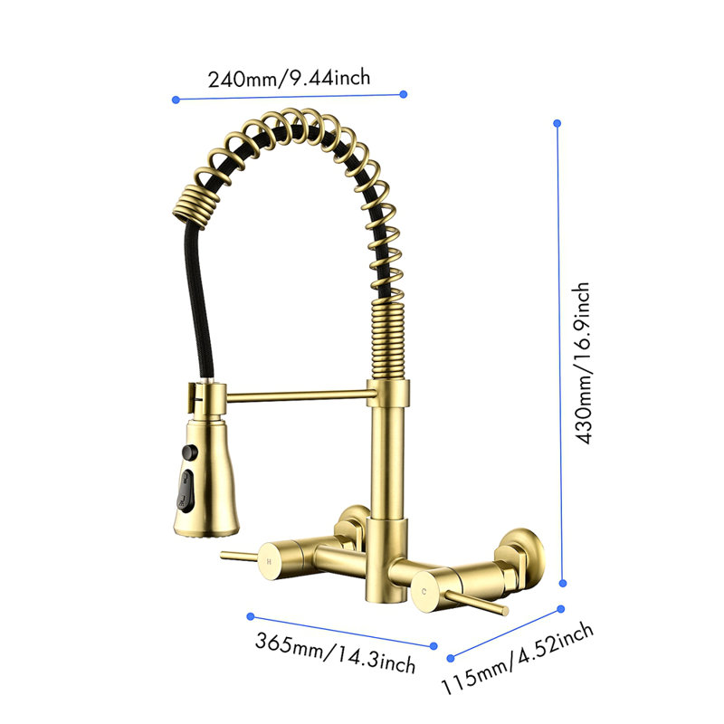 3 Functions Wall Mounted Bridge Kitchen Faucet, 1.75GPM, Brushed Gold