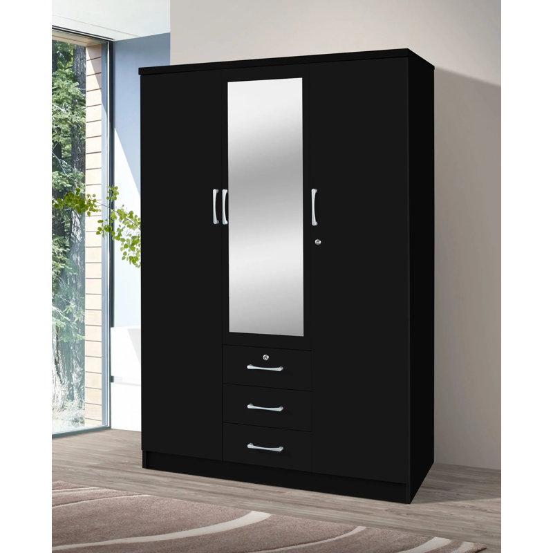 Garde-robe 3 portes / 3 tiroirs avec miroir, Noir