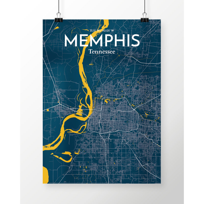 « memphis city map », reproduction d’impression sur affiche en bleu, H 36 po x l 24 po
