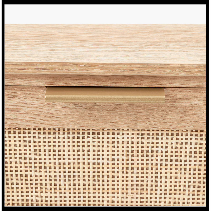Console en rotin naturel avec 3 tiroirs de rangement - Table d'entrée avec porte coulissante en rotin naturel, polyvalente pour le salon, le bureau, le vestibule ou le mur de télévision