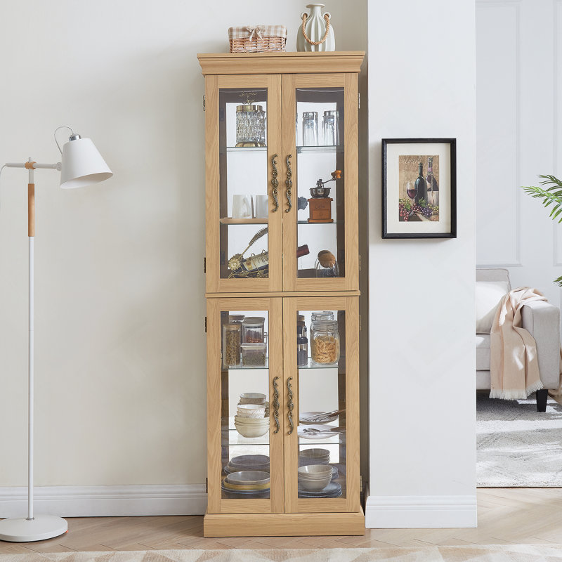 Vitrine lumineuse en verre avec tablettes réglables, poignées rétro et éclairage intérieur pour un rangement élégant