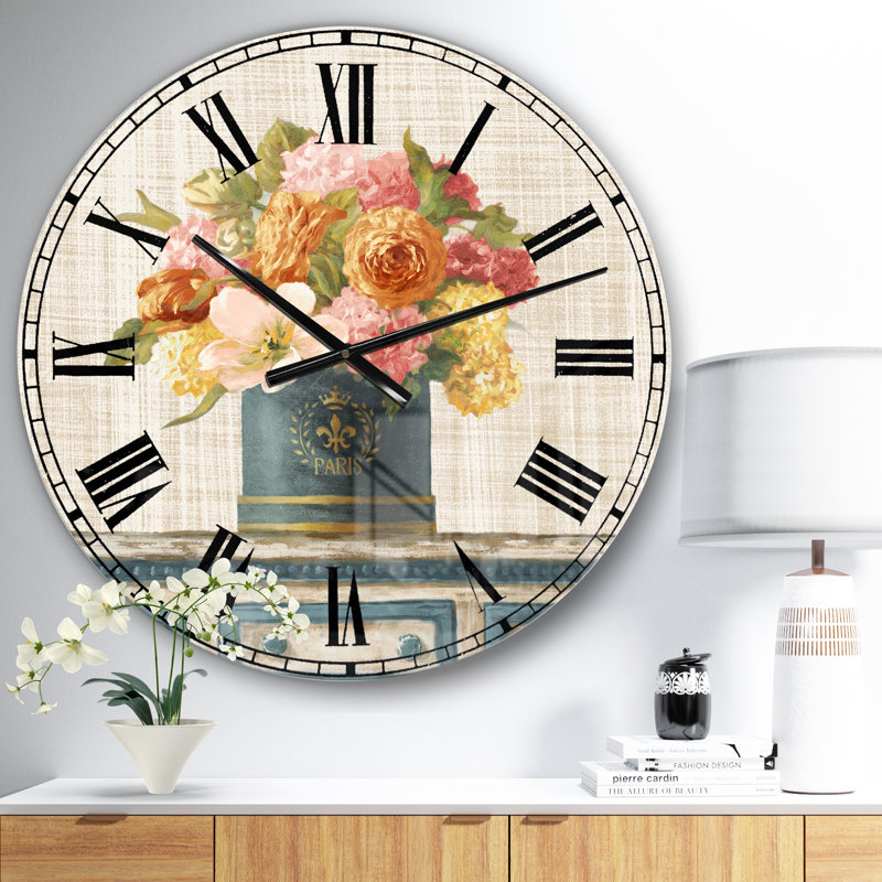 Tulipes dans une boîte à chapeau bleu sarcelle et or sur toile de lin - Horloge murale, Petit
