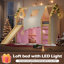 Lit mezzanine simple avec rebords et tentes, lit mezzanine en bois massif avec échelles et glissade, design chic avec lumières, aucun sommier nécessaire, naturel + rose-1242223348