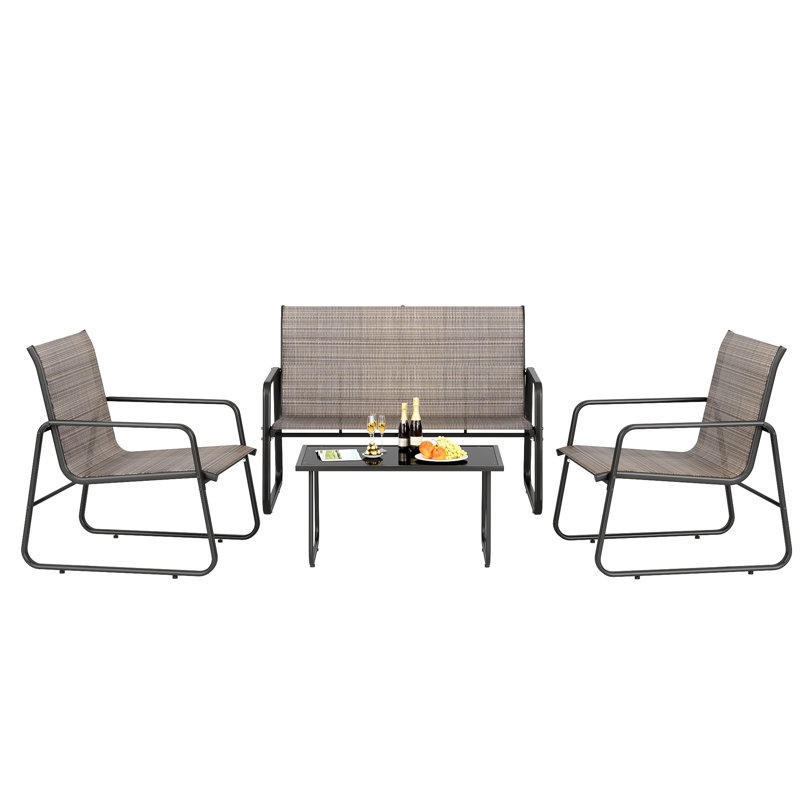 4-Piece PVC-coated polyester Outdoor Patio Sofa Set With Adjustable Feet, Metal Frame & Black Tempered Glass Coffee Table