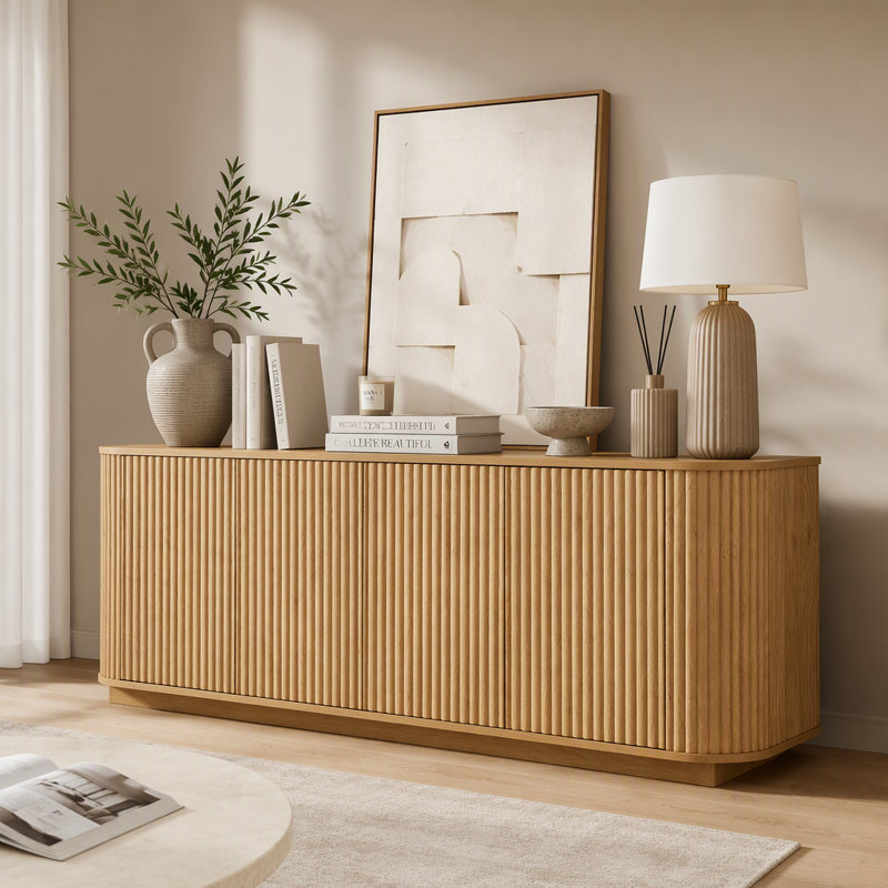 Meuble télé avec buffet à motif ondulé et armoire à rayures verticales en bois pour cuisine / chambre à coucher / vestibule. Naturel, l 64 po x P 15 po x H 24 po.