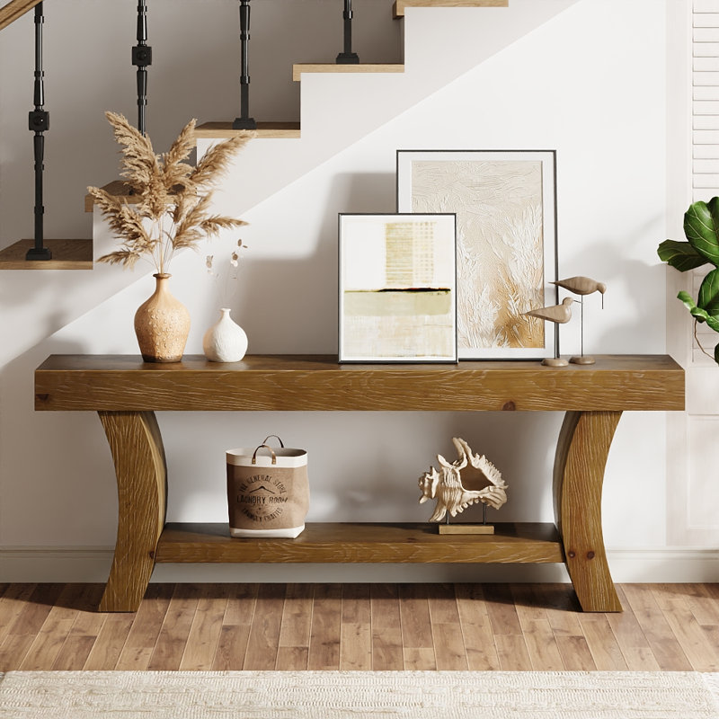 63" Solid Wood Console Table, Farmhouse Entryway Table, Sofa Table With 2-tier Shelves, Dark Brown