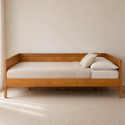 Full Size Wood Daybed Frame, Full Platform Bed & Sofa Bed with Slat Support, No Box Spring Needed, Light Walnut