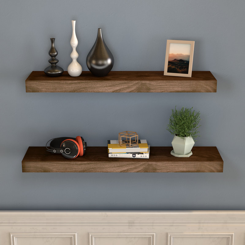 2 Piece Solid Wood Floating Shelf, 1.57" H x 30" W x 6" D, Walnut