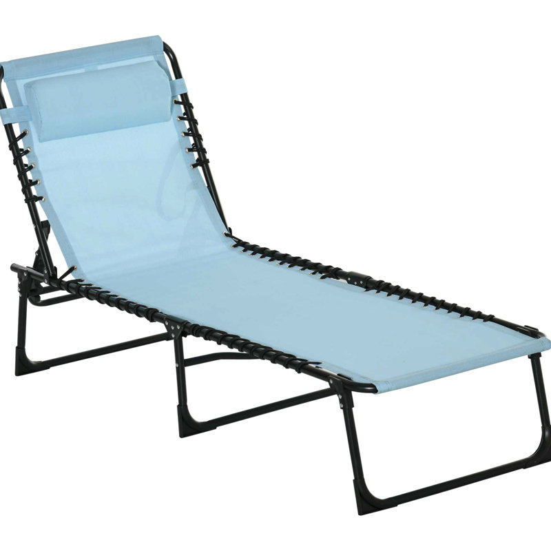 Outdoor Sun Chair By - Foldable With 4 Recline, Pillow, Breathable Mesh & Bungee, Blue Lustre Versatile Folding Chaise Lounge 4-Positions, Mesh, Bungee Seat, Blue, Multiple Uses