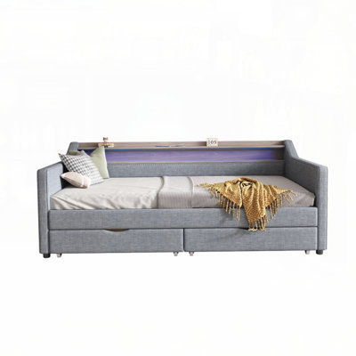 Modern Linen Upholstered Daybed with 2 Storage Drawers, 2-Tier Shelf and Smart LED Light for Livingroom