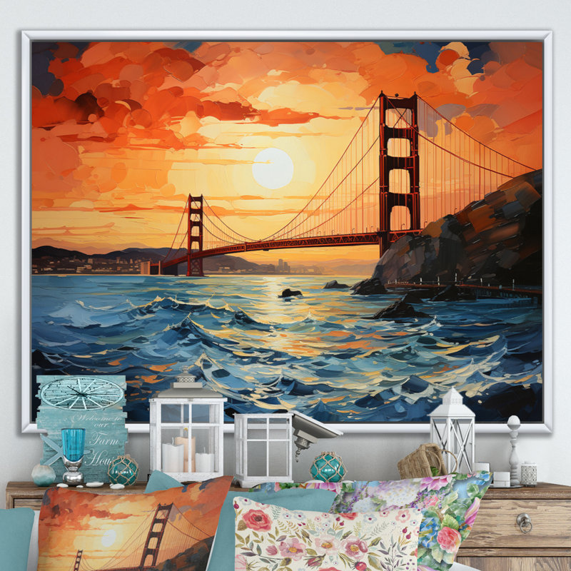 «Orange Bridge Golden Gateway II», reproduction sur toile, H 34 po x l 44 po x P 1,5 po, Cadre flottant blanc