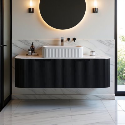48" Bathroom Vanity With Sink, Wall-mounted Curved Edges Striped Bathroom Storage Cabinet With 2 Drawers, White Rectangular Ceramic Basin, No Faucet, Pre-assembled, Black Color