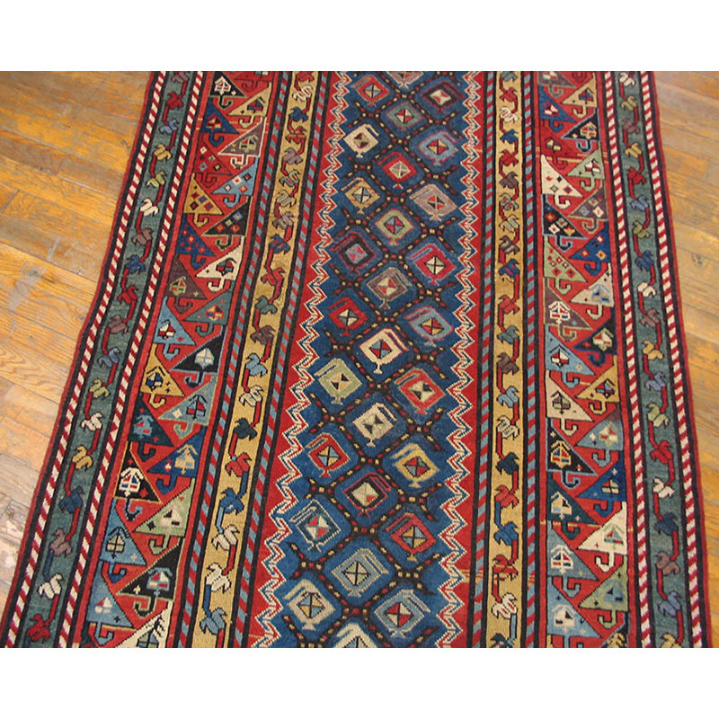 Antique Kazak Hallway Runner Wool Blue Rug