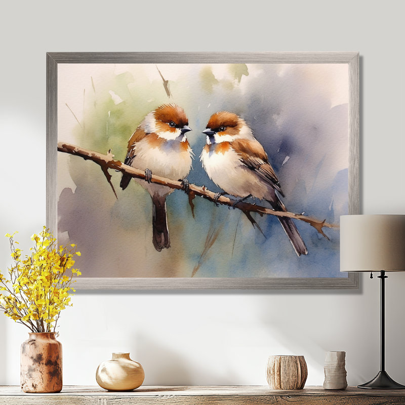 Oiseau moineau beige et brun - art mural oiseau, 30" H x 40" W, White Picture Framed