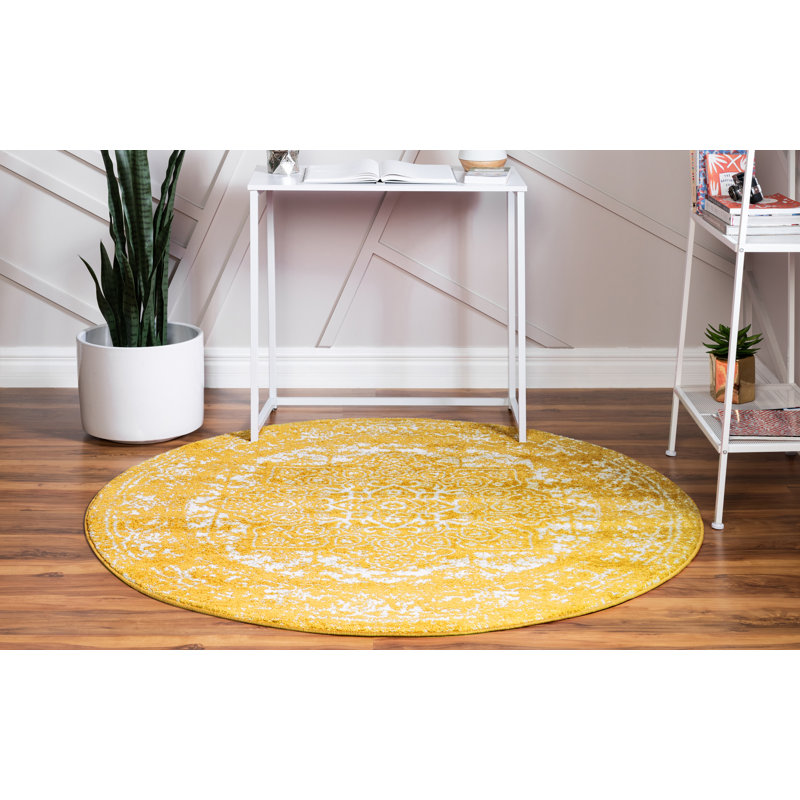 Tapis jaune tissé à la reine Reine, Rond 5 pi 3 po