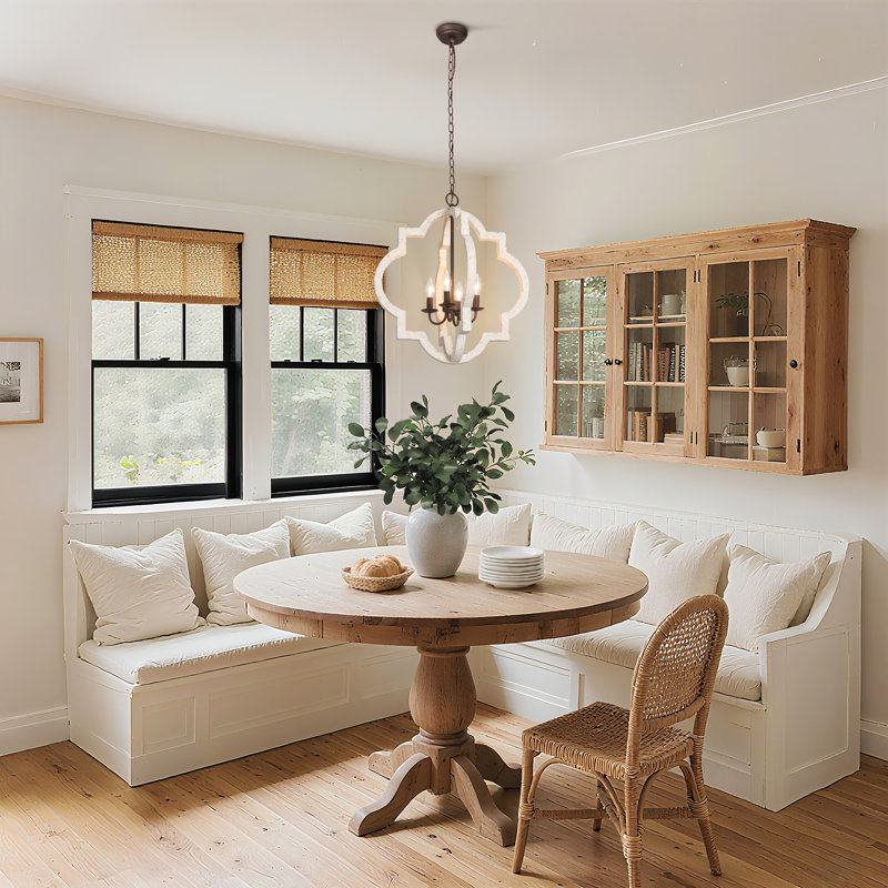 Aziz 4 - Light Candle Style Geometric Chandelier with Wood Accents, 25" H x 22" W x 22" D, Beige