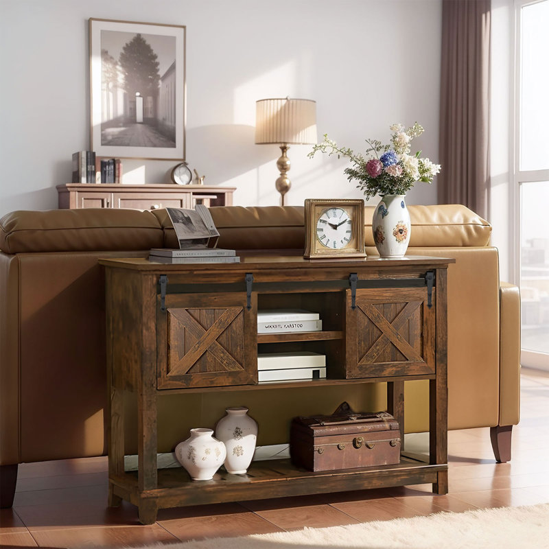 Console Zev Farmhouse avec porte de grange coulissante et tablette réglable, Brun