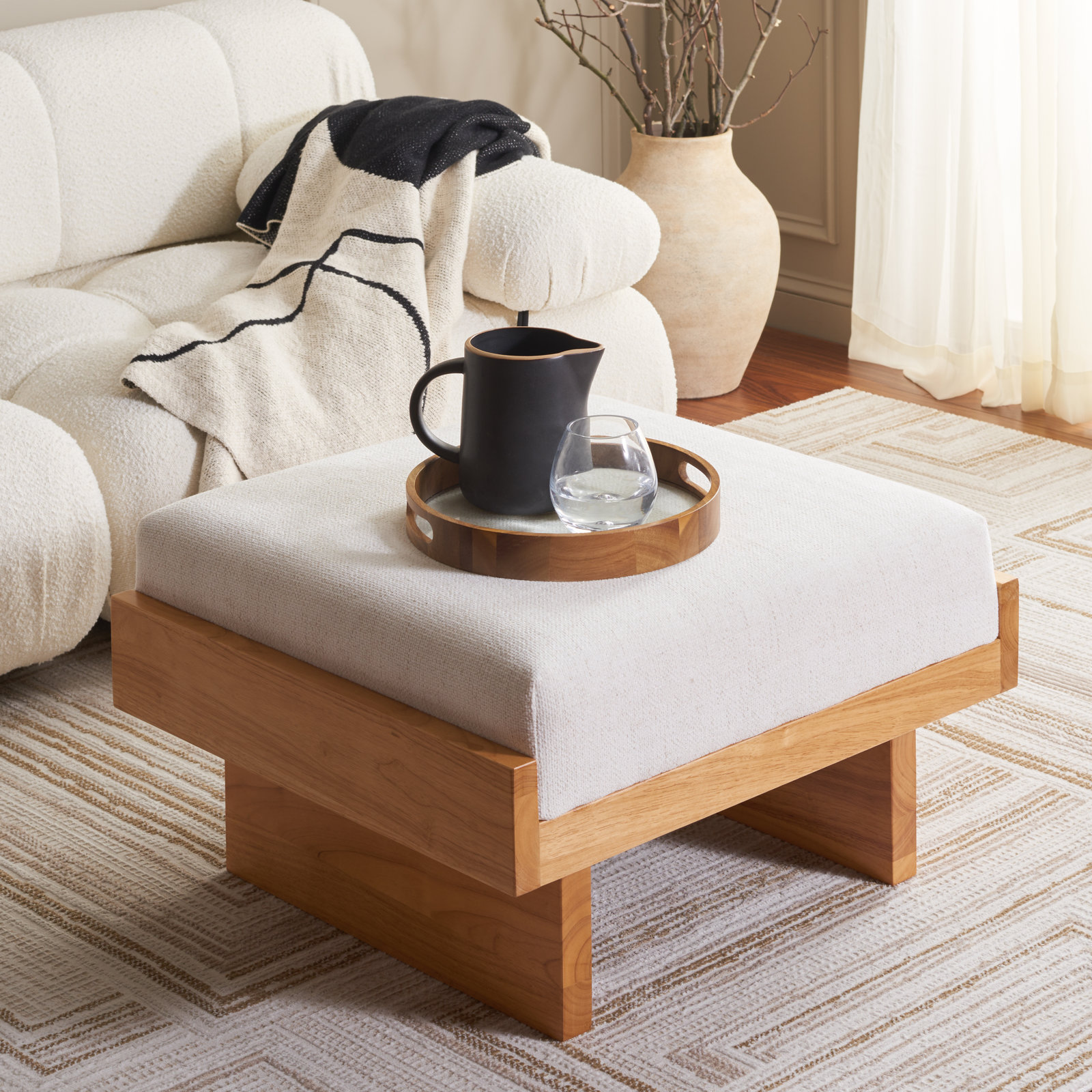 Robbie Upholstered Ottoman, Ivory Linen