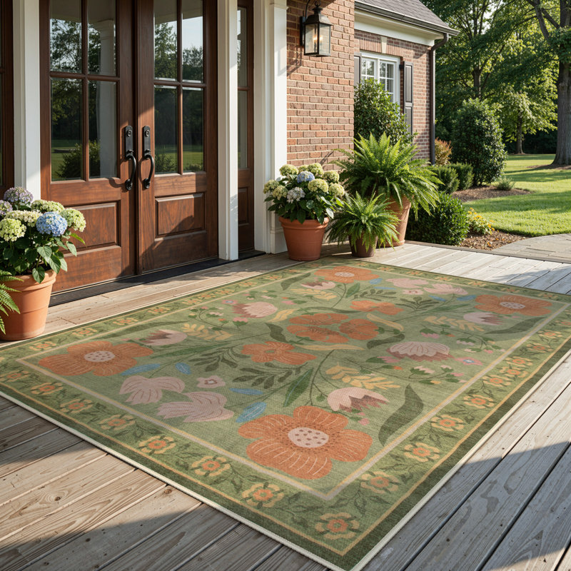 Washable American Countryside Floral 8X10 Green Outdoor Rug, Non Slip Quick-Dry Mesh Rug for Patio Deck Backyard, Green