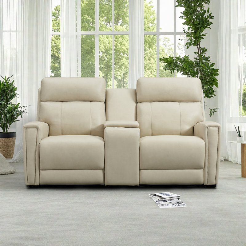 72" One Harnish Genuine Recliner Couch with USB & Type-C Ports and Drop Down Table Tray, Cream