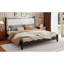 Grand lit plateforme en bois avec tête de lit tapissier, structure noire et tissu beige-133332700
