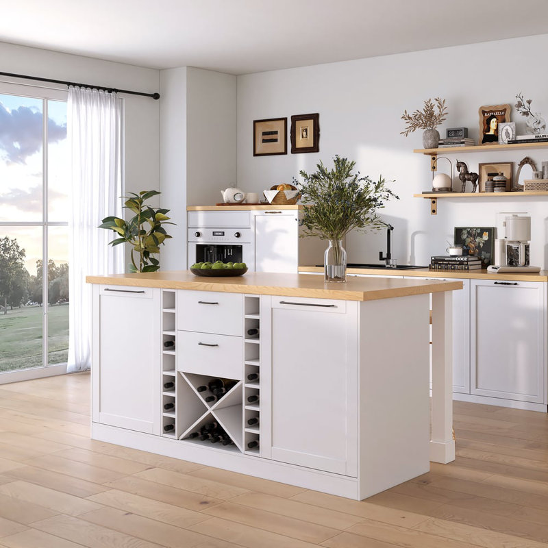 72" Modern Kitchen Island With Wine Storage, Engineered Wood, Natural/White