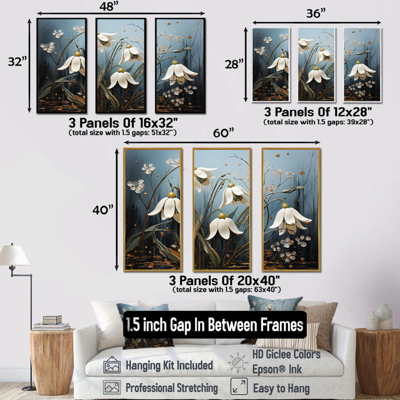 «Snowdrops Moonlit Whispers III - Snowdrops», ensemble d'art mural, Cadre flottant noir, H 40 po x l 60 po x P 1 po