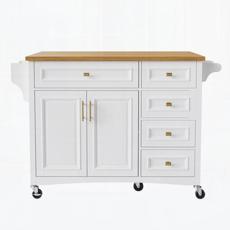 52'' Kitchen Island With Drop Leaf, Embossed Texture Kitchen Island On Wheels With Spice Rack, Towel Rack, 2 Doors And 5 Drawers