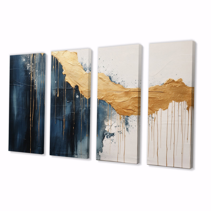 «Waves of Joy Minimal Nova» bleu et or - reproduction d'art sur toile tendue 4 pièces