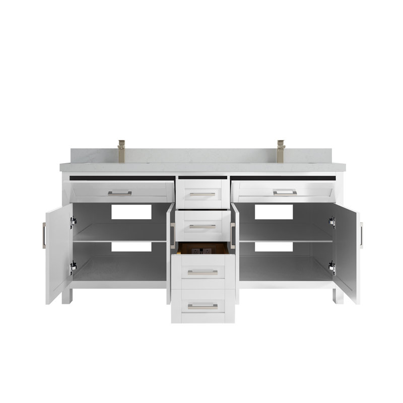 72'' Double Bathroom Vanity with Quartz Top, Carrara Quartz