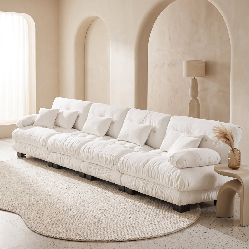 Canapé 4 places en chenille blanche moelleuse avec assises et coussins profonds et moelleux pour salon, 4 sièges