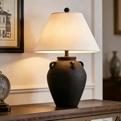 Carrizalez 25 in. Black Rustic Dimmable Ceramic For Bedroom Living Room Bedside Desk Nightstand Single Accent Table Lamp With Linen Empire Shade