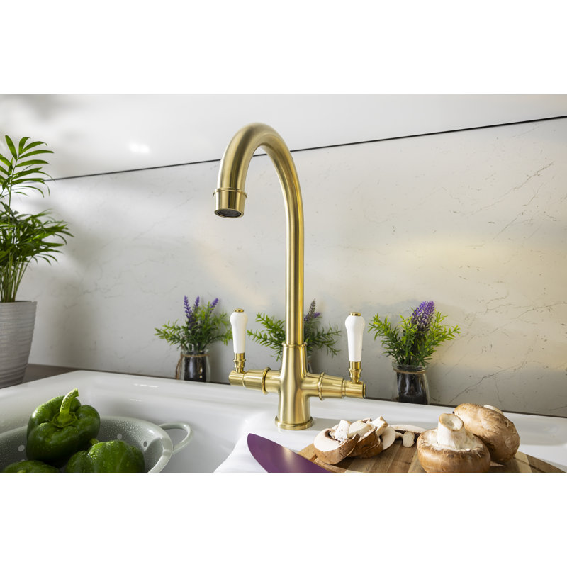 Abode Keswick Traditional Dual Handle Monobloc Tap, Brushed Brass