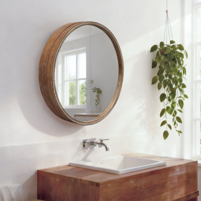 23.62" Sliding Round Wall Mirror with Storage Shelves - 2-Tier Wooden Side Cabinet, Space-Saving Hanging Mirror for Bathroom Vanity, Bedroom & Entryway