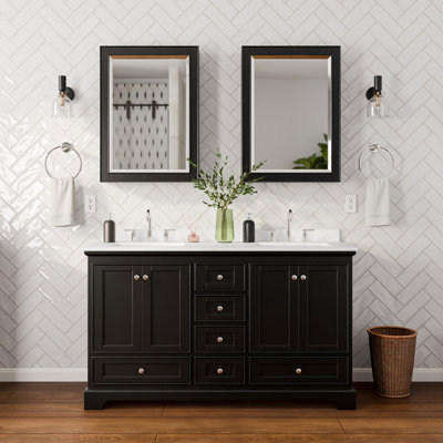 Meuble-lavabo double 60 po Deborah en espresso foncé, comptoir en marbre de culture de Carrare, lavabos carrés encastrés (3 trous), garniture en chrome poli, armoires à pharmacie