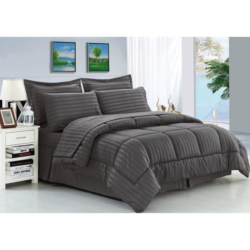 Classic Baffle Box Stitch Striped Comforter, King Comforter + 7 Additional Pieces, Gray
