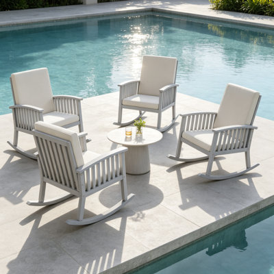 Set of 4 Casa Acacia Outdoor Rocking Chairs with Cushioned Seat & Back, Solid Wood Frame Patio Rockers for Porch, Garden, and Backyard