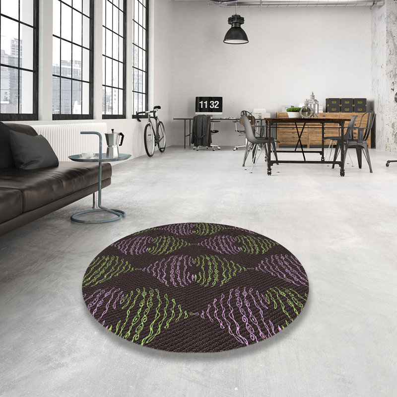 Tapis noir / vert / mauve Power Loom, Rond 7 pi