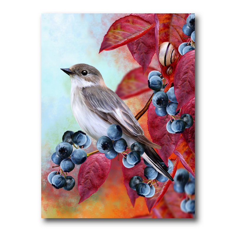 Petit oiseau gris sur un rameau d'automne rouge sur bleuet - impression sur toile, H 32 po x l 24 po x P 1 po, Toile tendue
