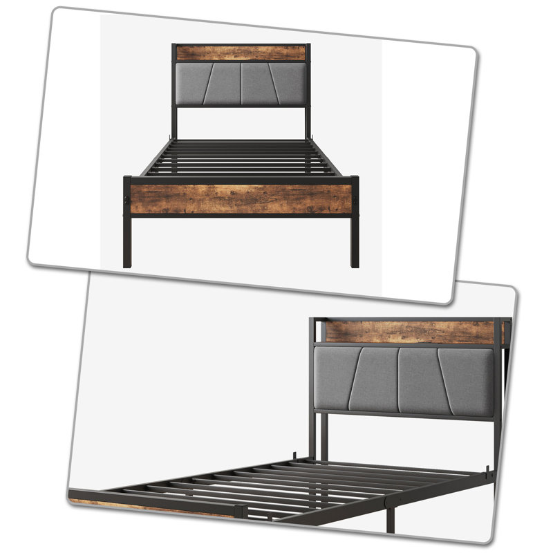 Base de lit plateforme moderne en bois avec tête de lit tapissier et station de charge intégrée, Simple