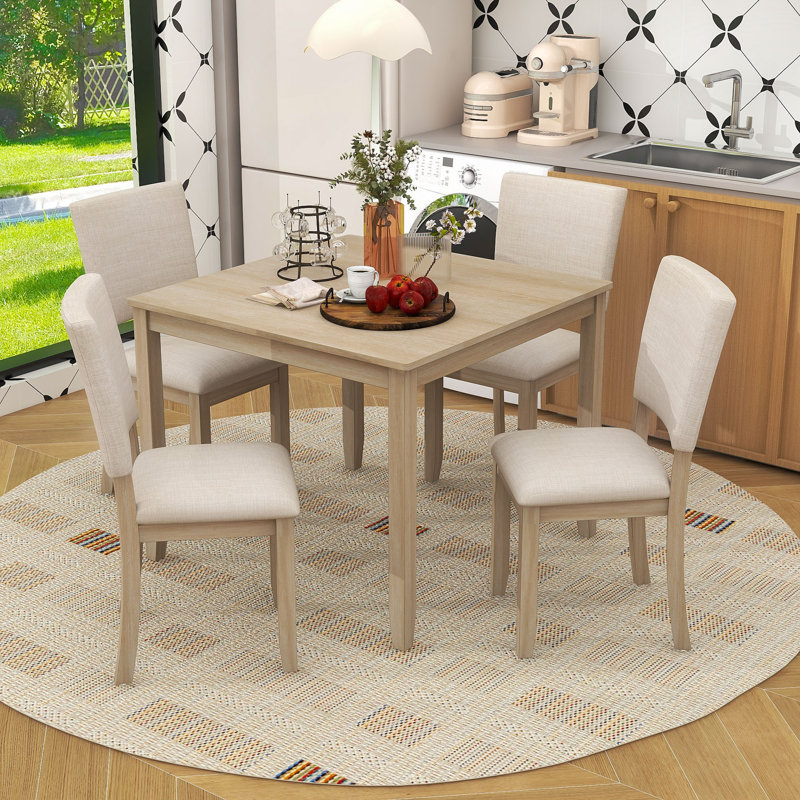 Ensemble de table de salle à manger moderne 5 pièces avec table carrée et 4 chaises rembourrées, Chêne clair