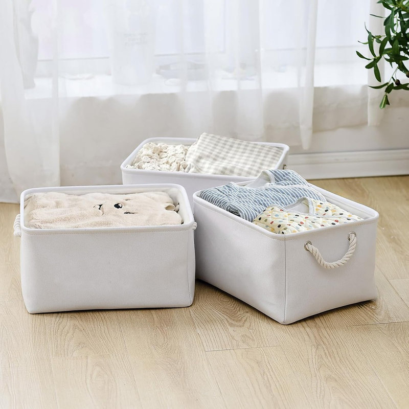 3 paniers de rangement en toile blanche avec poignées 3 pièces - Grand organisateur pour jouets, garde-robe, emballage de cadeaux et cubes de rangement