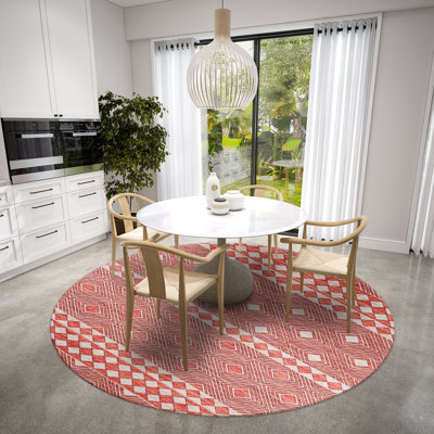 Tapis géométrique rouge / blanc tissé à la machine